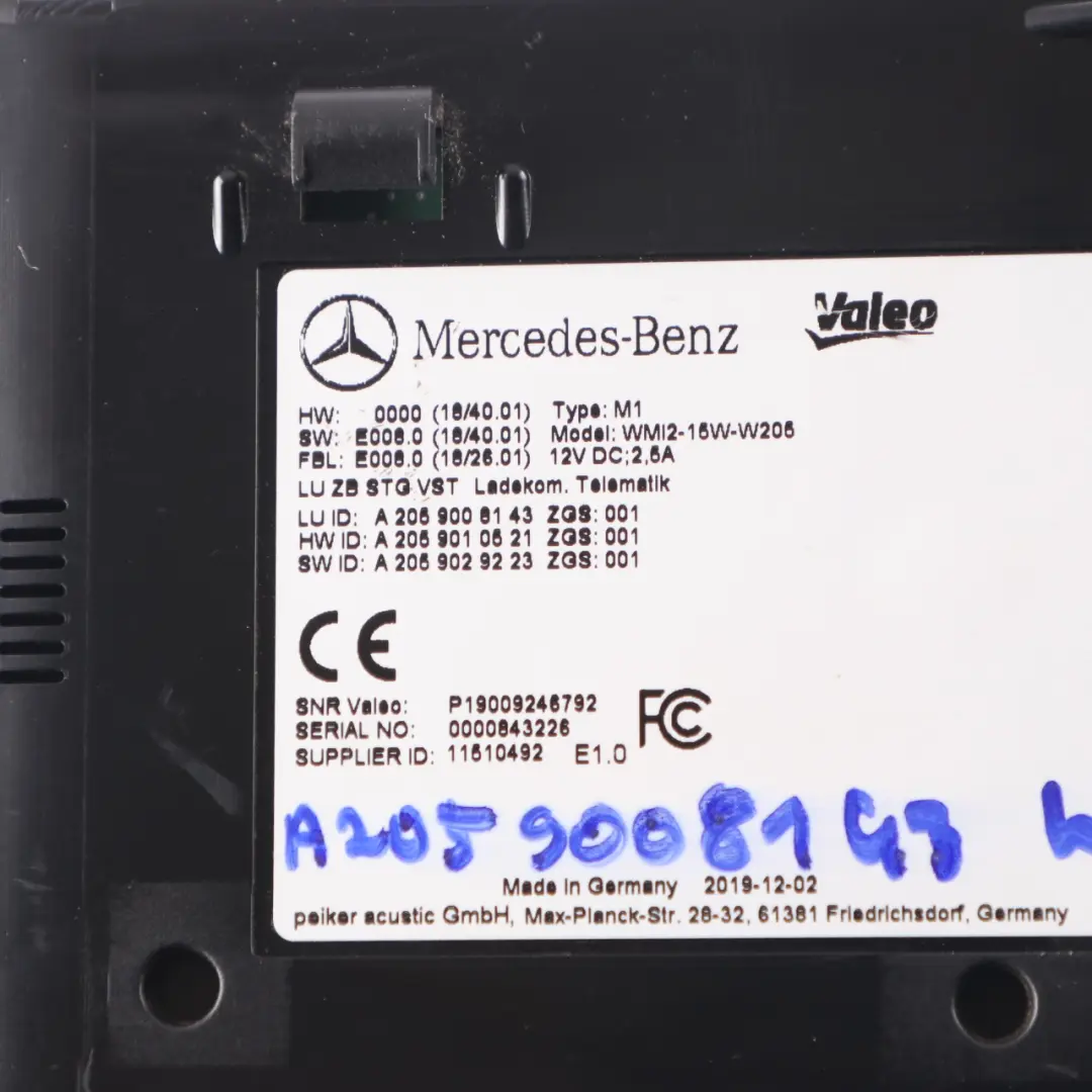 Mercedes W205 Front Telephone Wireless Charging Load Wattage Module A2059008143