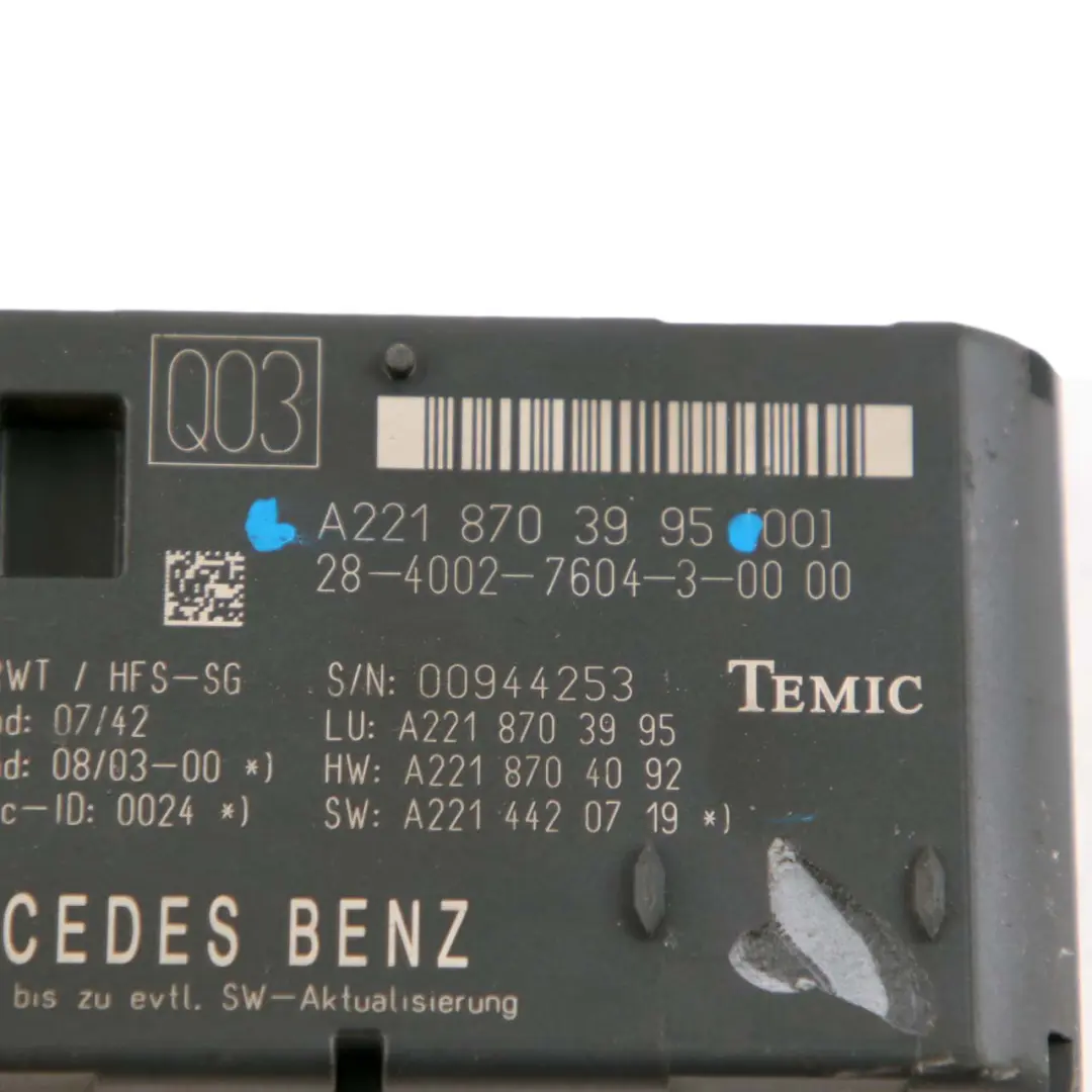 Mercedes-Benz S-Class W221 Remote Trunk Closing Control Unit Module A2218703995