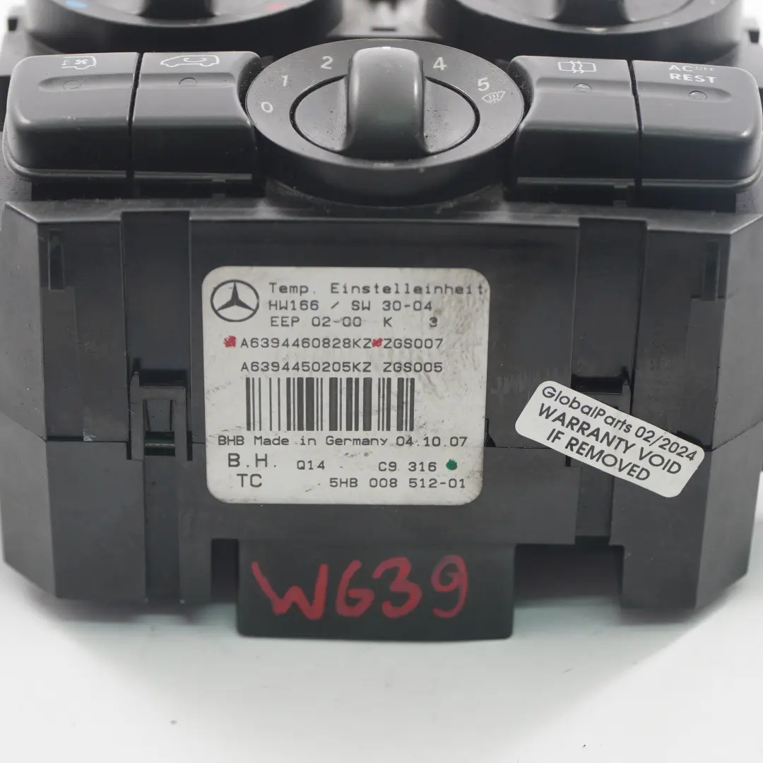 Mercedes W639 AC Climatizador Unidad Control Panel Interruptores A6394460828