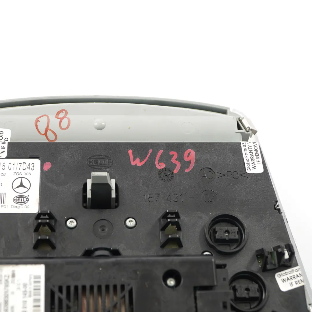 Mercedes W639 Techo Luz Interior Delantero Panel Interruptor Gris A6398201501