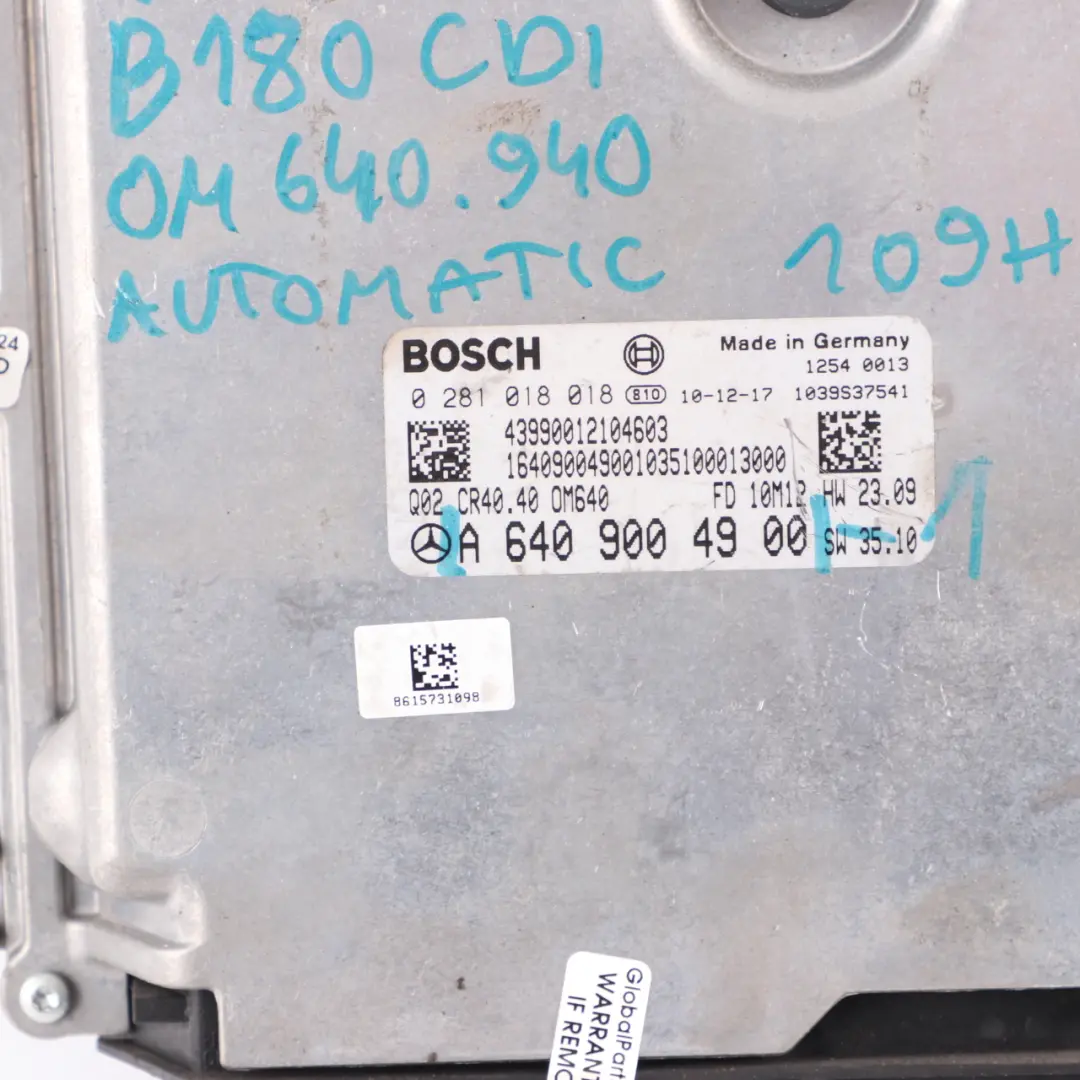 Mercedes W169 W245 180 CDI OM640.940 109HP Engine ECU Kit A6409004900 Key Lock