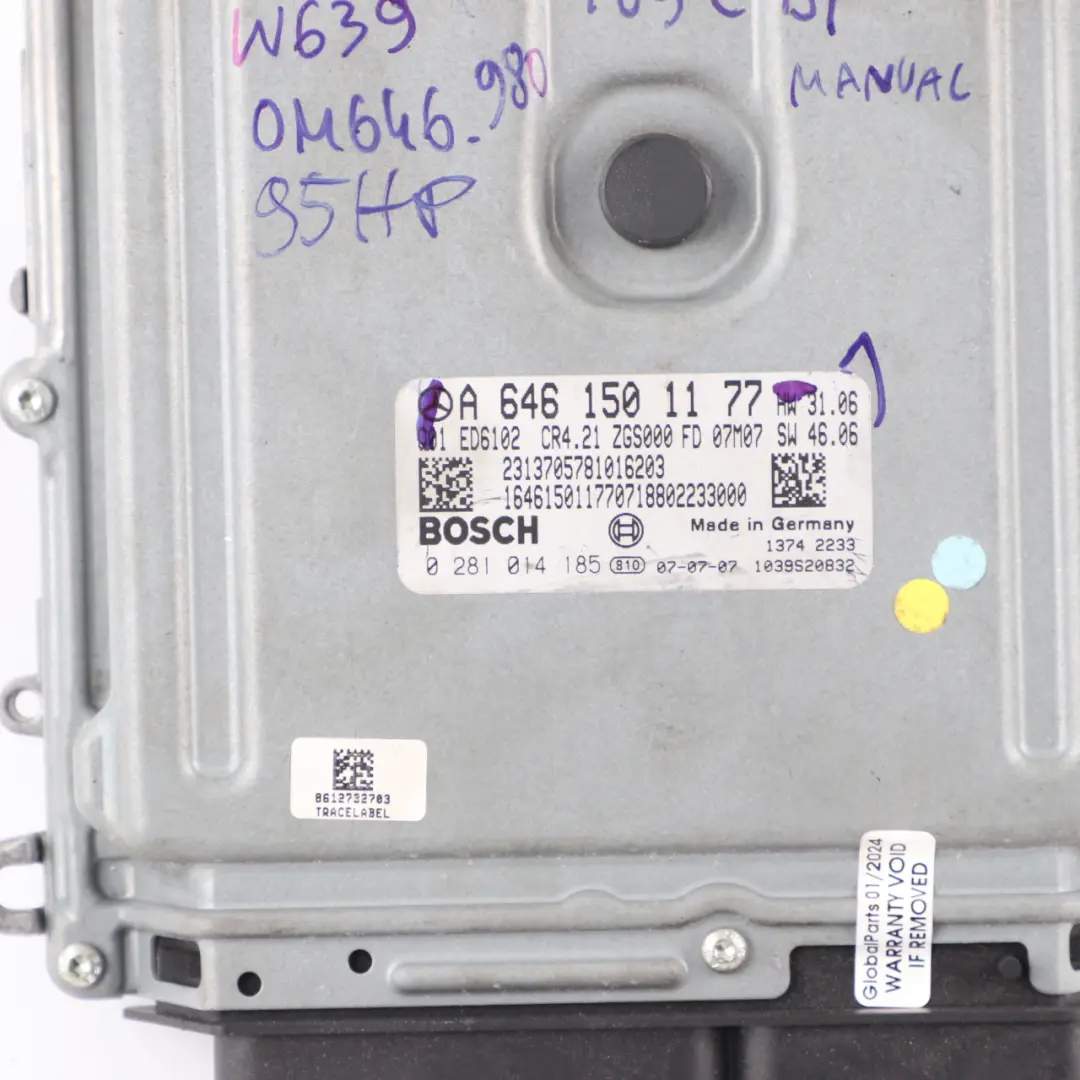 Mercedes W639 109 CDI OM646.980 95HP Engine Unit ECU Kit A6461501177 Key Lock