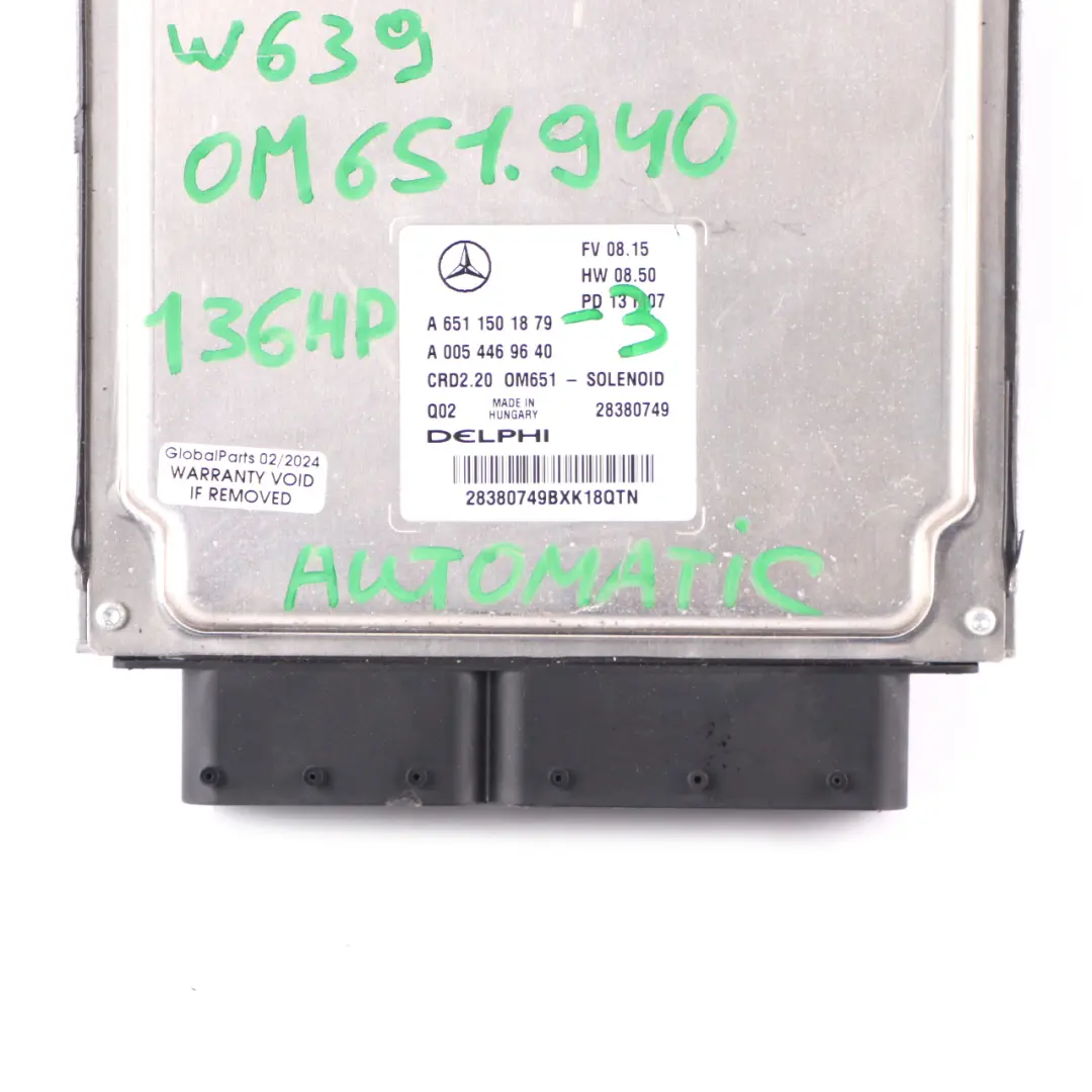 Mercedes W639 OM651.940 113 CDI 136HP Engine Module ECU A6511501879 Automatic