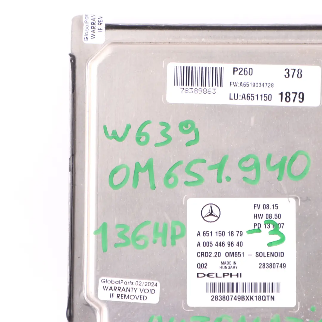 Mercedes W639 OM651.940 113 CDI 136HP Engine Module ECU A6511501879 Automatic