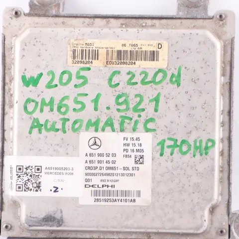 Mercedes W205 C 220d 651.921 170HP ECU Kit A6519005203 SAM Key Lock Automatic