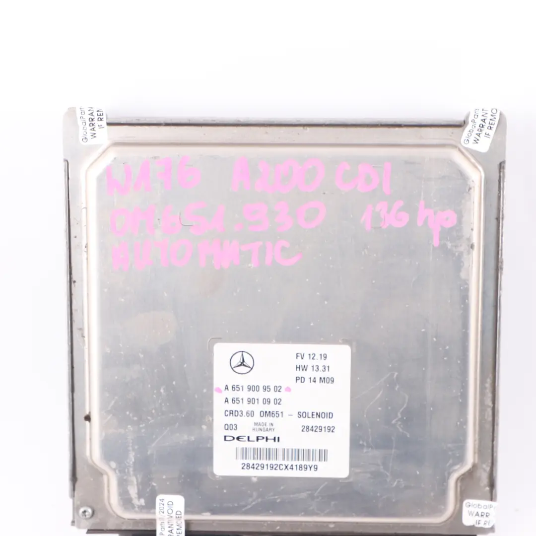 Mercedes W176 A200 CDI OM651.930 136HP Engine Module ECU A6519009502 Automatic