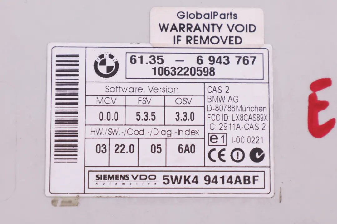 ECU Key Reading Module Control Unit CAS 2 6943767 BMW 1 Series E87 - SKU c-6943767 - Part number 6943759