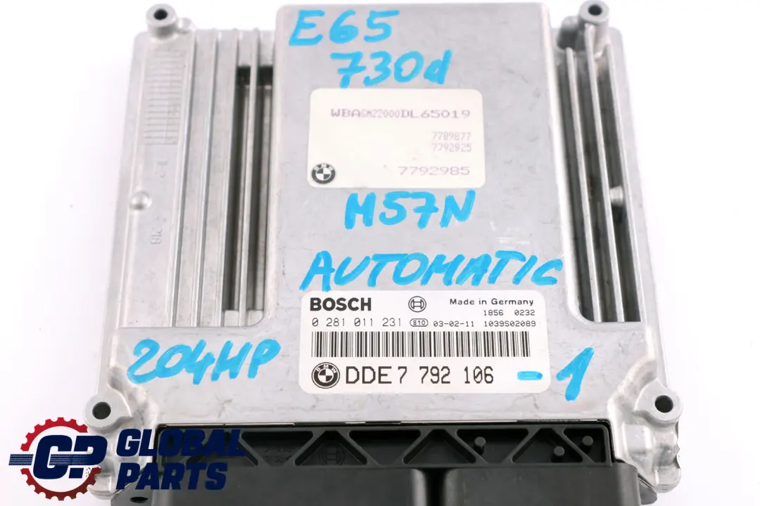M57N 204HP ECU Kit DDE + CAS / ZAS + Key BMW 7 Series E65 E66 730d - SKU rhd-7792106-1 - Part number 7792106