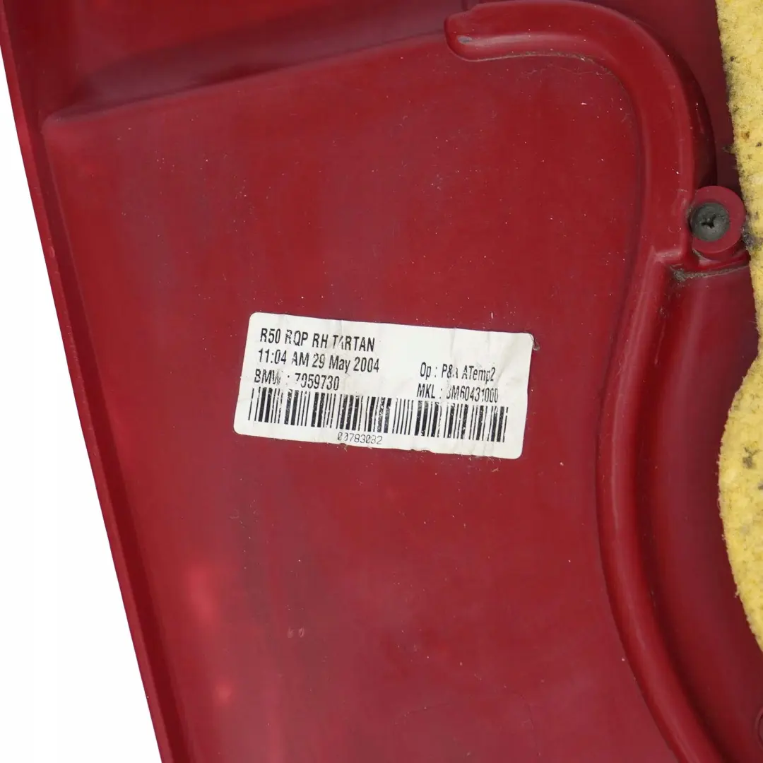 Right O/S Lateral Trim Side Panel Tartan Red to BMW Mini Cooper R50 R53 Rear with Part number 7059730 BMW Mini Cooper R50 R53 Rear Right O/S Lateral Trim Side Panel Tartan Red - SKU 7059730 - Part number 7059730
