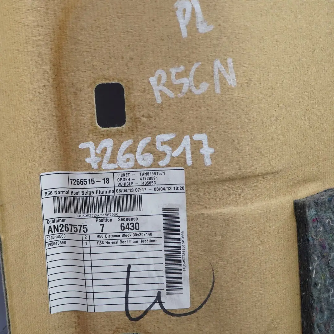 Mini Cooper One R56 LCI R56N Headlining Headliner Roof Lining Light Beige - SKU 7266517 - Part number 7266517