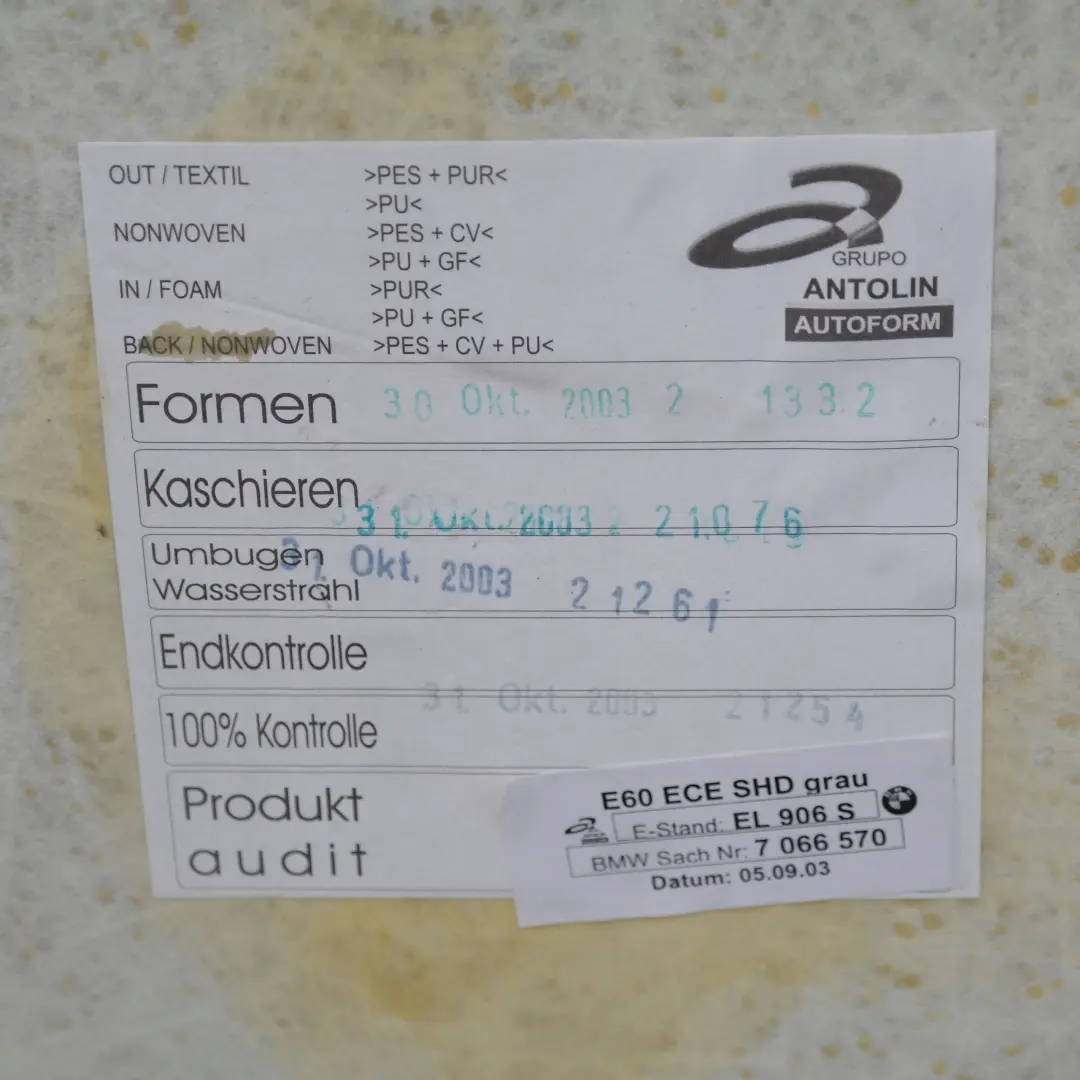 Headlining Roof Lining For Sliding Lifting Roof Himellgrau Grey to BMW 5 Series E60 with Part number 51447066570 BMW 5 Series E60 Headlining Roof Lining For Sliding Lifting Roof Himellgrau Grey - SKU 51447066570 - Part number 51447066570