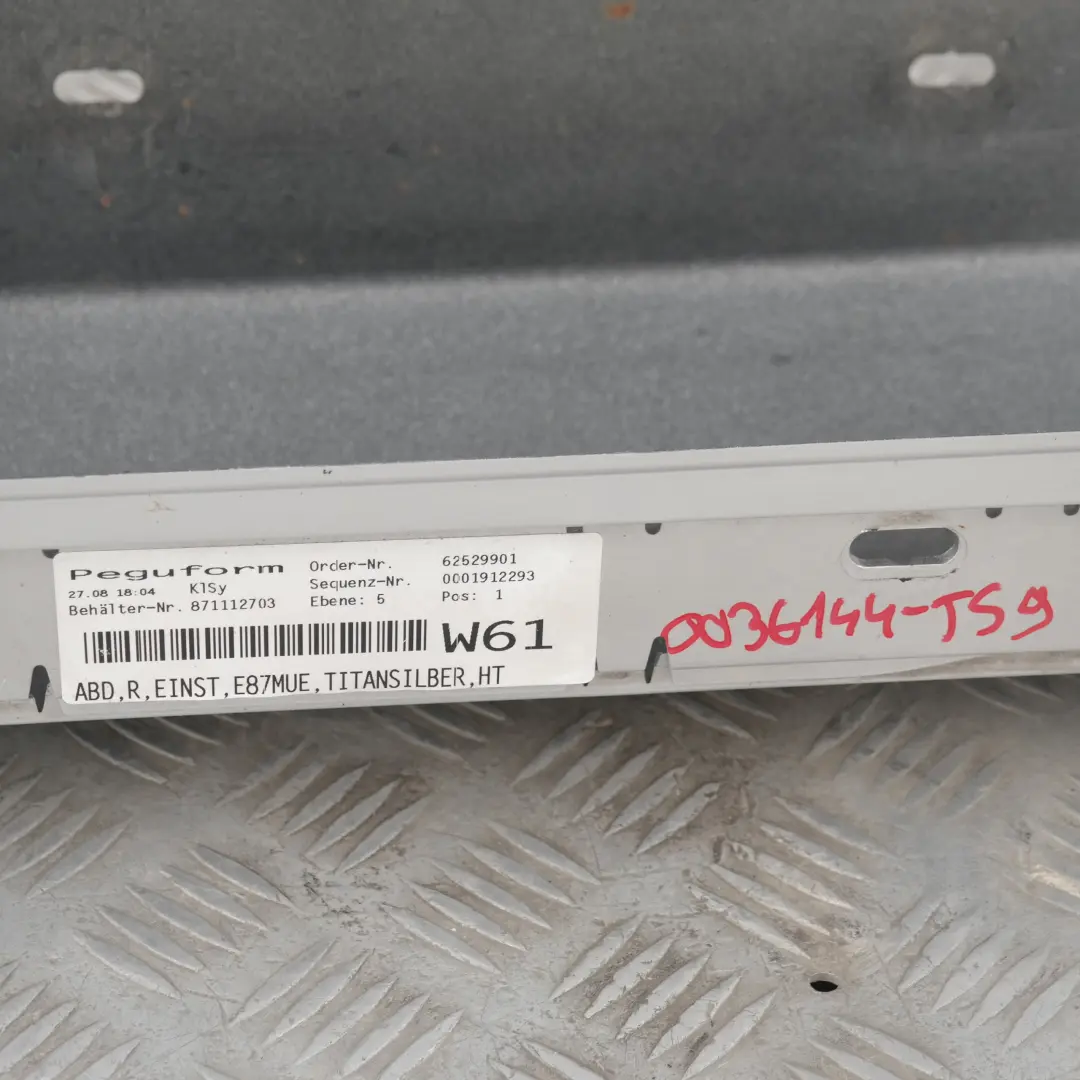 Sill strip side skirt right O/S Titansilber Silver 354 to BMW 1 SERIES 9 E87N LCI with Part number 51770036144 BMW 1 SERIES 9 E87N LCI Sill strip side skirt right O/S Titansilber Silver 354 - SKU 0036144-TS9 - Part number 51770036144