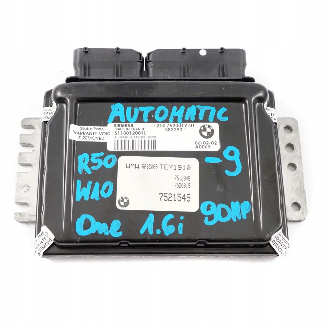 Mini One 1.6i R50 W10 90HP Engine ECU Kit DME + EWS + Key Automatic - SKU 7520019-9 - Part number 7520019