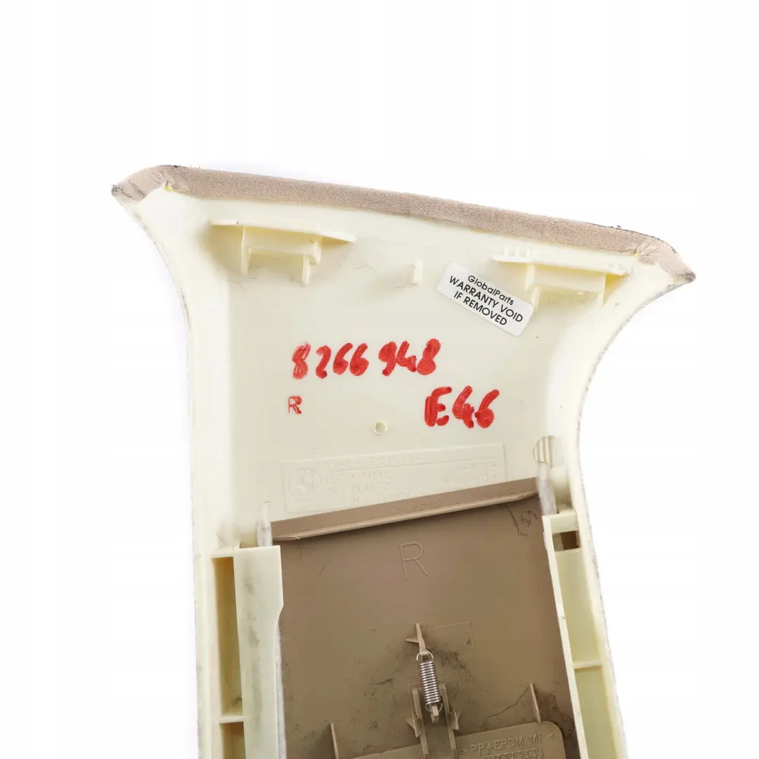 Blende B-Säule Oben Rechts Hell Beige 8217244 für BMW 3 er E46 Limousine Kombi mit Teilenummer 8266948 BMW 3 er E46 Limousine Kombi Blende B-Säule Oben Rechts Hell Beige 8217244 - SKU 8266948 - Teilenummer 8266948