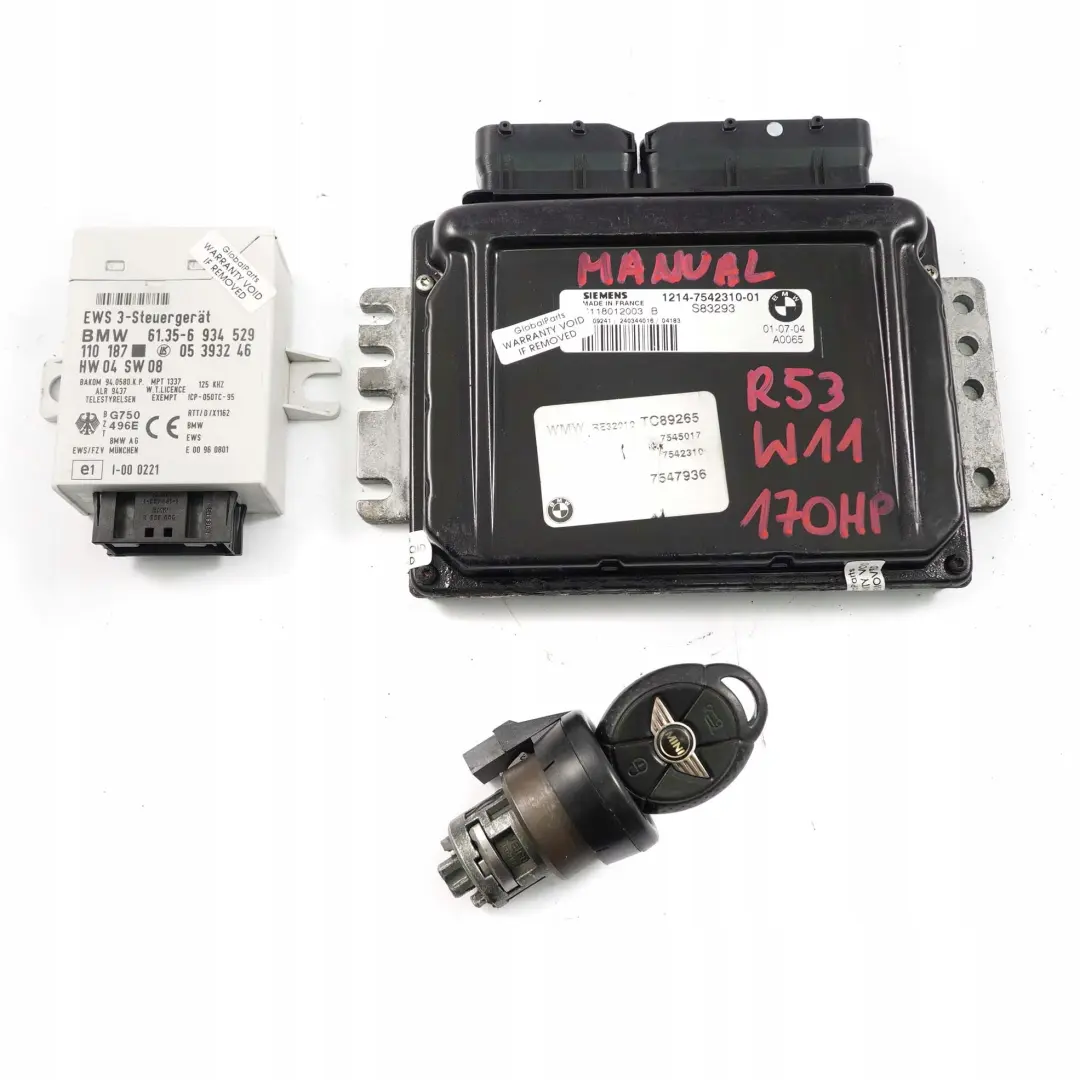 170PS Benzina W11 Centralina 7542310+EWS3+ Chiave per Mini Cooper S R53 W11 con numero di parte 7557395 Mini Cooper S R53 W11 170PS Benzina W11 Centralina 7542310+EWS3+ Chiave - SKU 7542310-6 - Numero di parte 7557395