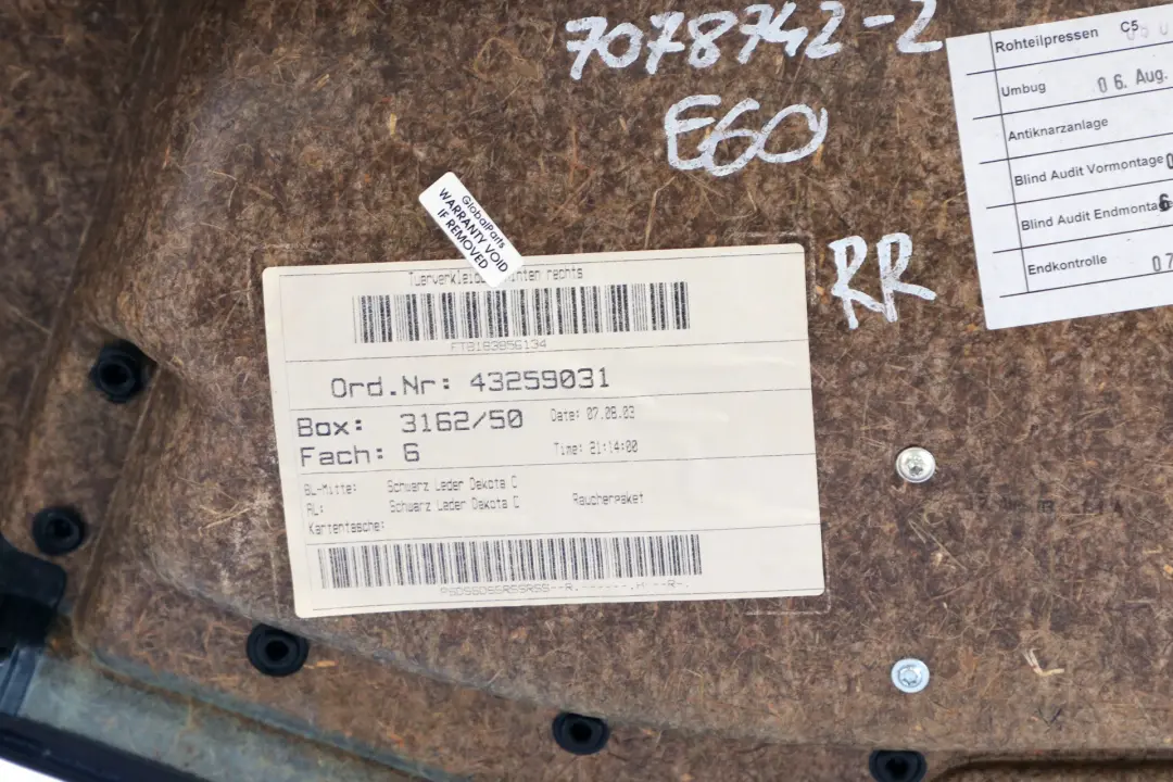 BMW 5 er E60 E61 Türverkleidung Leder Hinten Rechts Schwarz - SKU 7078742 - Teilenummer 7078742