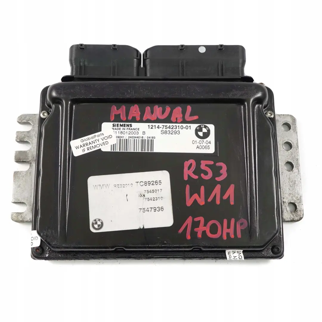 170CV Motor Gasolina Kit ECU DME 7542310 EWS3 + Llave Manual para Mini Cooper R53 W11 con número de pieza 7557395 Mini Cooper R53 W11 170CV Motor Gasolina Kit ECU DME 7542310 EWS3 + Llave Manual - SKU 7542310-6 - Número de pieza 7557395