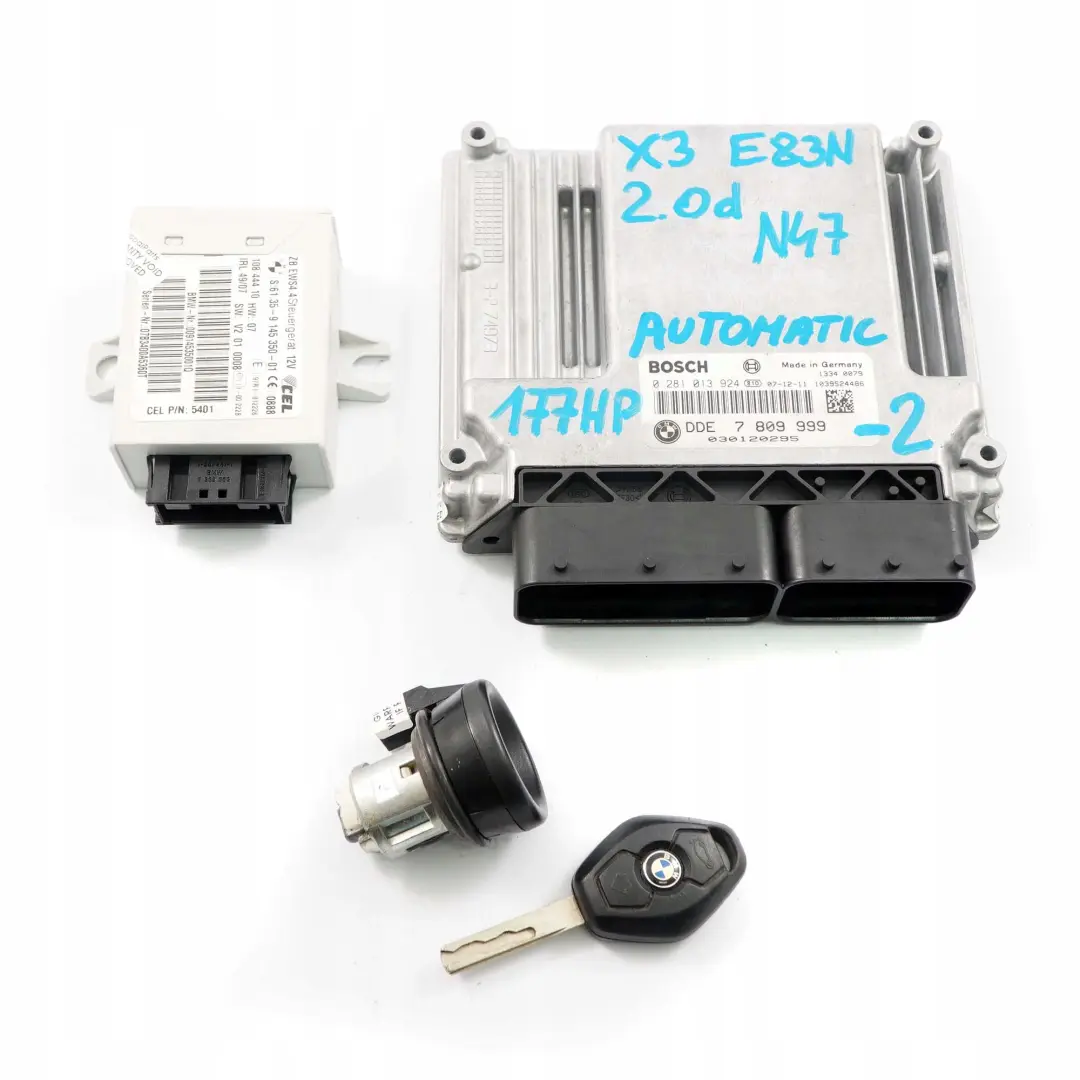 N47 Engine ECU Kit DDE + EWS IV + Key Automatic to BMW X3 E83 LCI 2.0d with Part number 7809999 BMW X3 E83 LCI 2.0d N47 Engine ECU Kit DDE + EWS IV + Key Automatic - SKU 7809999-2 - Part number 7809999