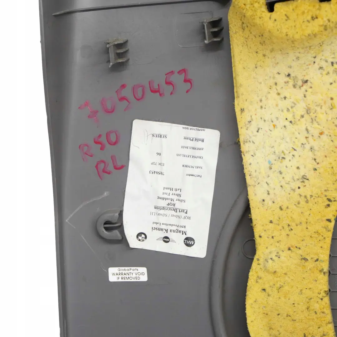 Left N/S Lateral Trim Side Panel Silbergrau Silver Grey to BMW Mini Cooper R50 Rear with Part number 7050453 BMW Mini Cooper R50 Rear Left N/S Lateral Trim Side Panel Silbergrau Silver Grey - SKU 7050453 - Part number 7050453