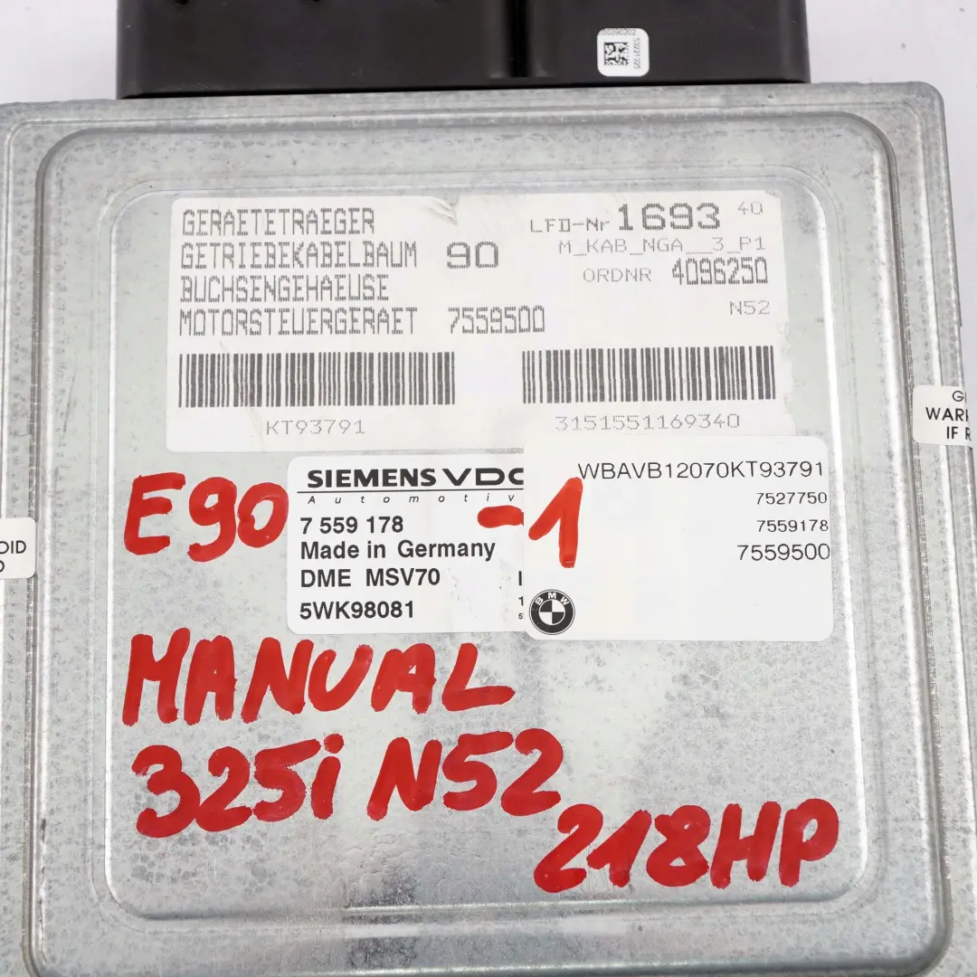 BMW E60 E90 E91 325i 525i N52 218HP Engine ECU Kit DME CAS2 + Key Manual - SKU 7559178-1 - Part number 7559178