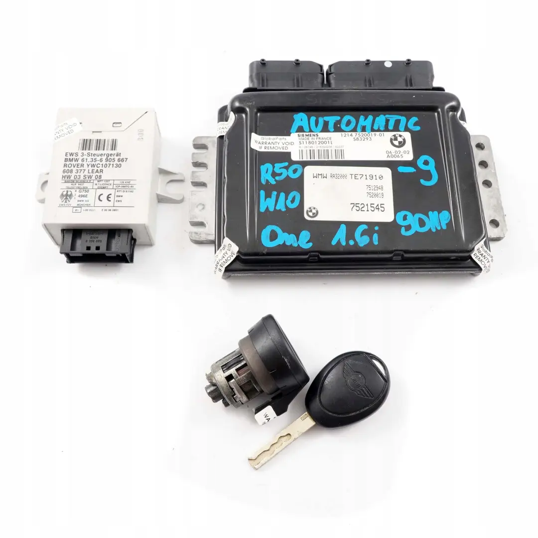 Mini One 1.6i R50 W10 90HP Engine ECU Kit DME + EWS + Key Automatic - SKU 7520019-9 - Part number 7520019