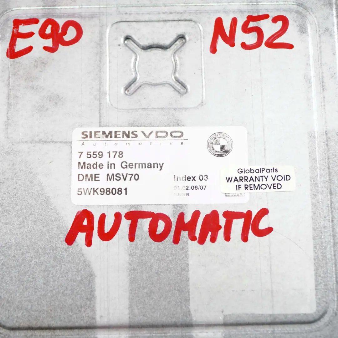 BMW E60 E63 E65 E85 E87 E90 E91 N52 Engine ECU DME Automatic Gearbox - SKU 7559178 - Part number 7559178