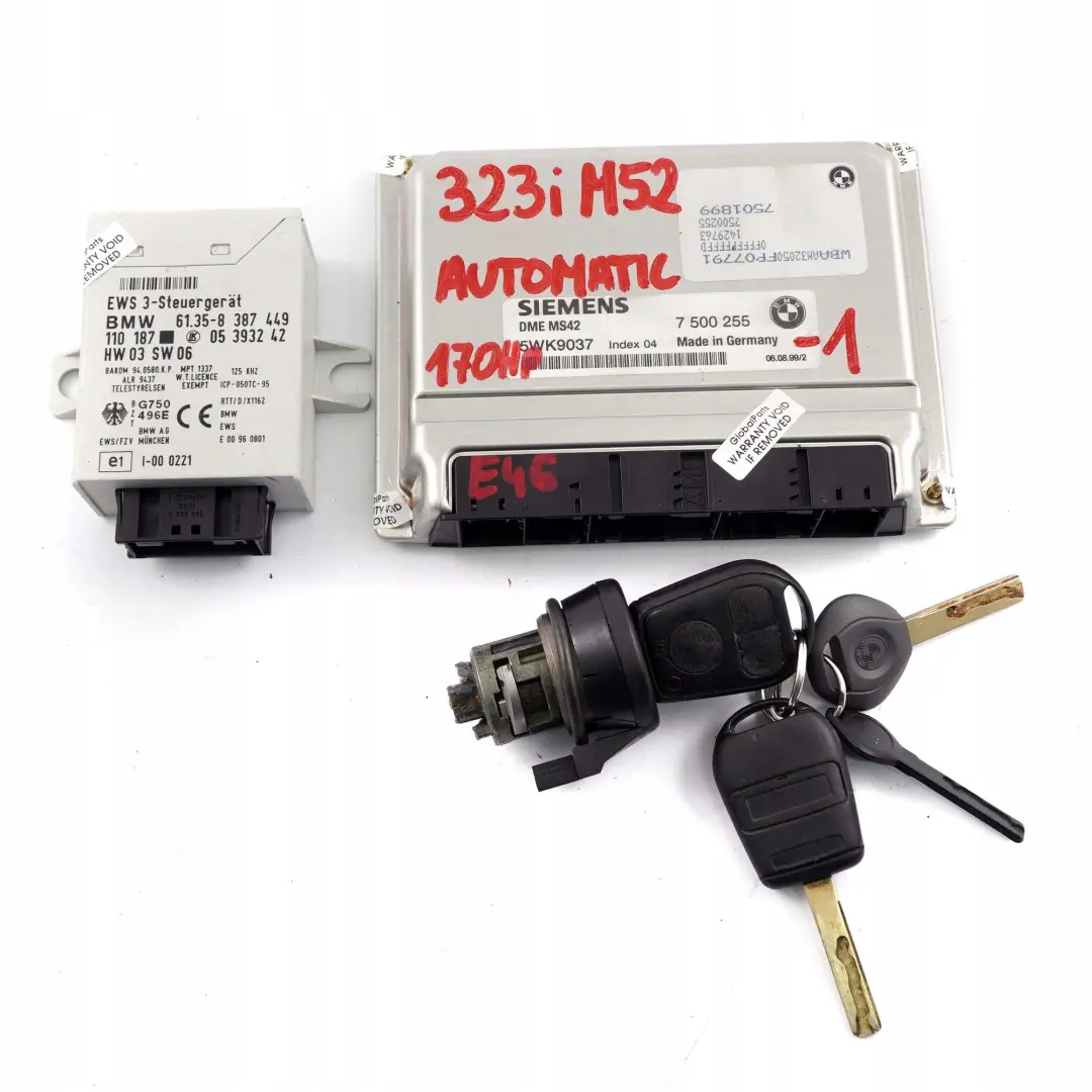 M52 170HP ECU Kit DME + EWS3 + Keys Automatic to BMW 3 Series E46 323i with Part number 7500255 BMW 3 Series E46 323i M52 170HP ECU Kit DME + EWS3 + Keys Automatic - SKU 7500255-1 - Part number 7500255