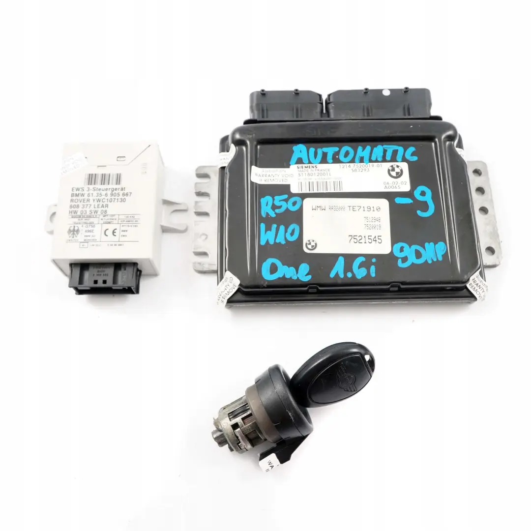 Mini One 1.6i R50 W10 90HP Engine ECU Kit DME + EWS + Key Automatic - SKU 7520019-9 - Part number 7520019