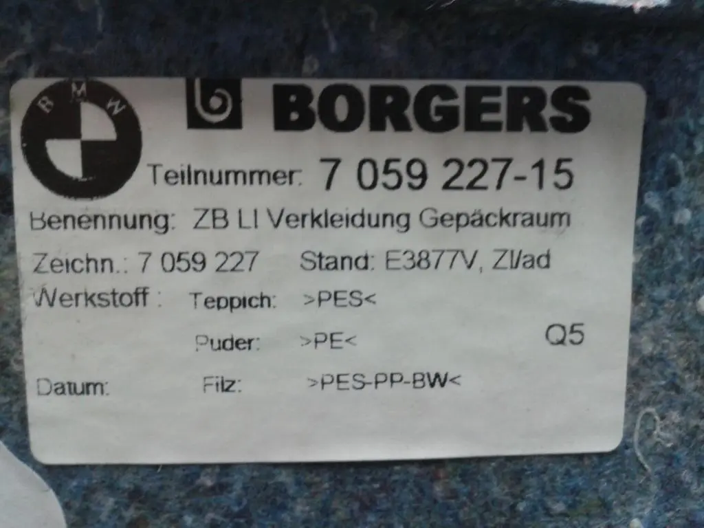 Trunk Trim Cover Panel Left N/S to BMW 3 Series 2 E90 with Part number 7059227 BMW 3 Series 2 E90 Trunk Trim Cover Panel Left N/S - SKU 7059227-2 - Part number 7059227