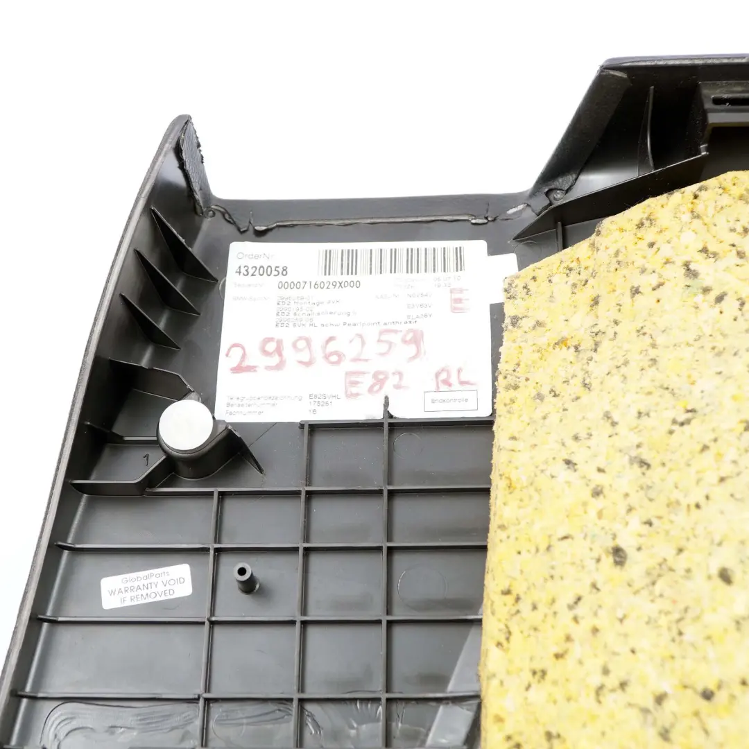 Left N/S Lateral Trim Panel Cloth Pearlpoint Black to BMW 1 Series E82 Rear with Part number 2996259 BMW 1 Series E82 Rear Left N/S Lateral Trim Panel Cloth Pearlpoint Black - SKU 2996259 - Part number 2996259