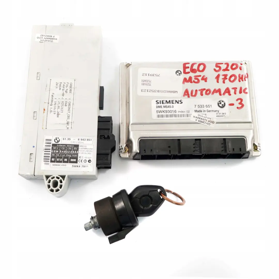 M54 170PS ECU Kit DME Steuergerät + CAS2 Automatik für BMW 5 er E60 520i mit Teilenummer 7533651 BMW 5 er E60 520i M54 170PS ECU Kit DME Steuergerät + CAS2 Automatik - SKU 7533651-3 - Teilenummer 7533651