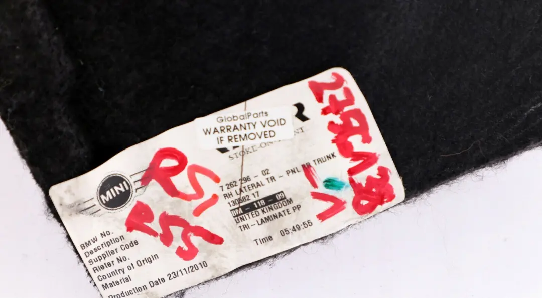 Trunk Carpet Side Lateral Cover Trim Right O/S to BMW MINI Clubman 1 R55 Rear with Part number 2756138 BMW MINI Clubman 1 R55 Rear Trunk Carpet Side Lateral Cover Trim Right O/S - SKU 2756138-1 - Part number 2756138