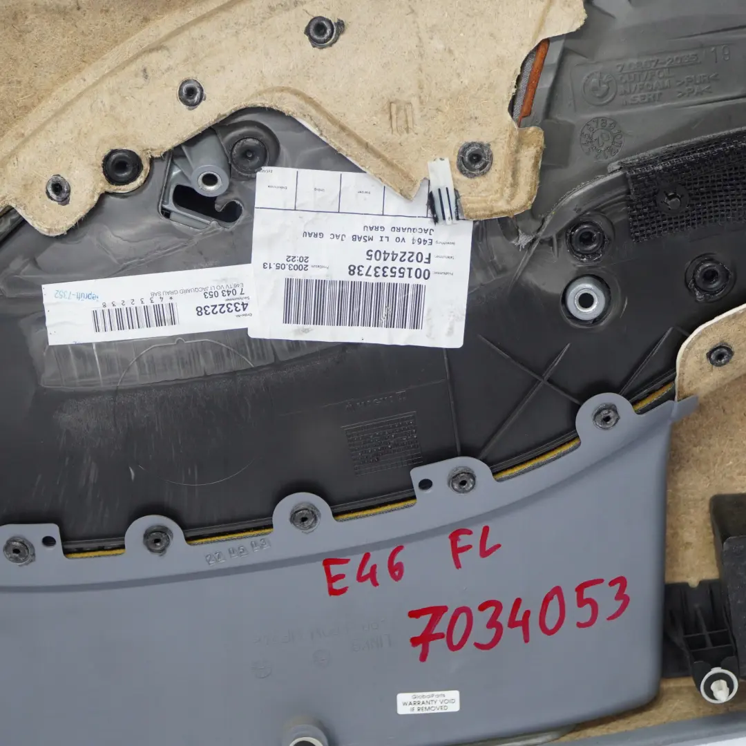 Front Left N/S Trim Panel Door Card Cloth Fabric Grey to BMW 3 E46 Saloon Touring with Part number 7043053 BMW 3 E46 Saloon Touring Front Left N/S Trim Panel Door Card Cloth Fabric Grey - SKU 7043053 - Part number 7043053