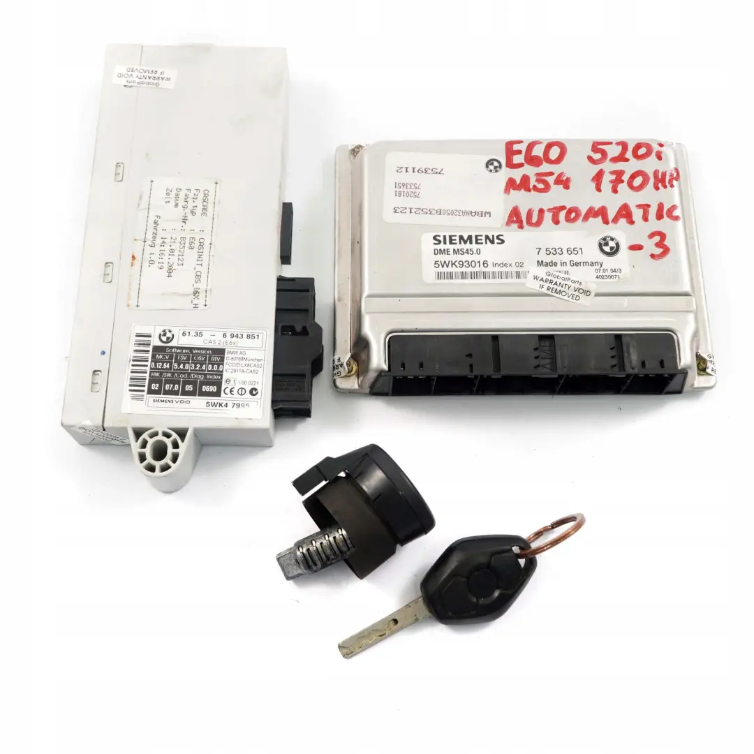 M54 170PS ECU Kit DME Steuergerät + CAS2 Automatik für BMW 5 er E60 520i mit Teilenummer 7533651 BMW 5 er E60 520i M54 170PS ECU Kit DME Steuergerät + CAS2 Automatik - SKU 7533651-3 - Teilenummer 7533651