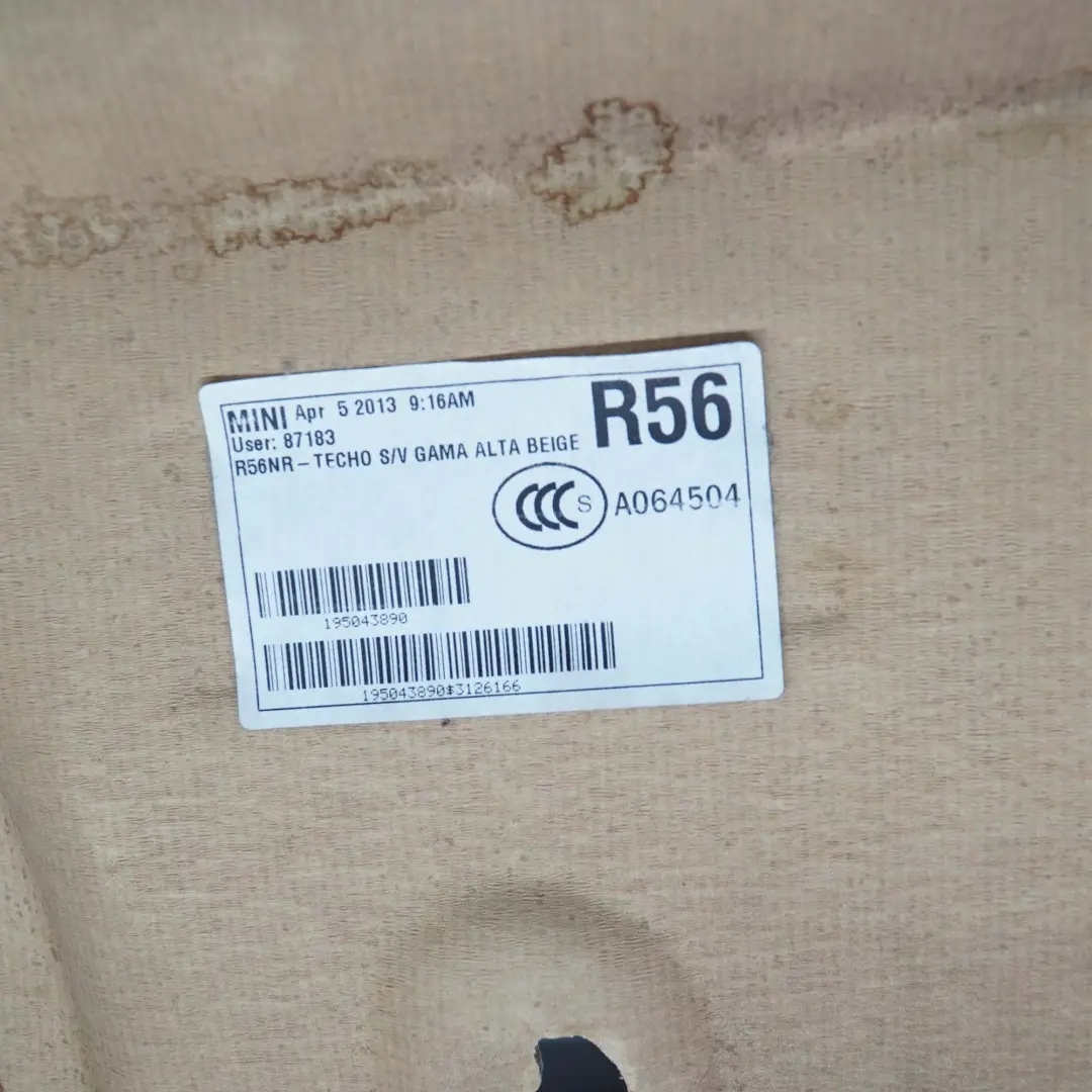 R56N Headlining Headliner Roof Lining Light Beige to Mini Cooper One R56 LCI with Part number 7266517 Mini Cooper One R56 LCI R56N Headlining Headliner Roof Lining Light Beige - SKU 7266517 - Part number 7266517