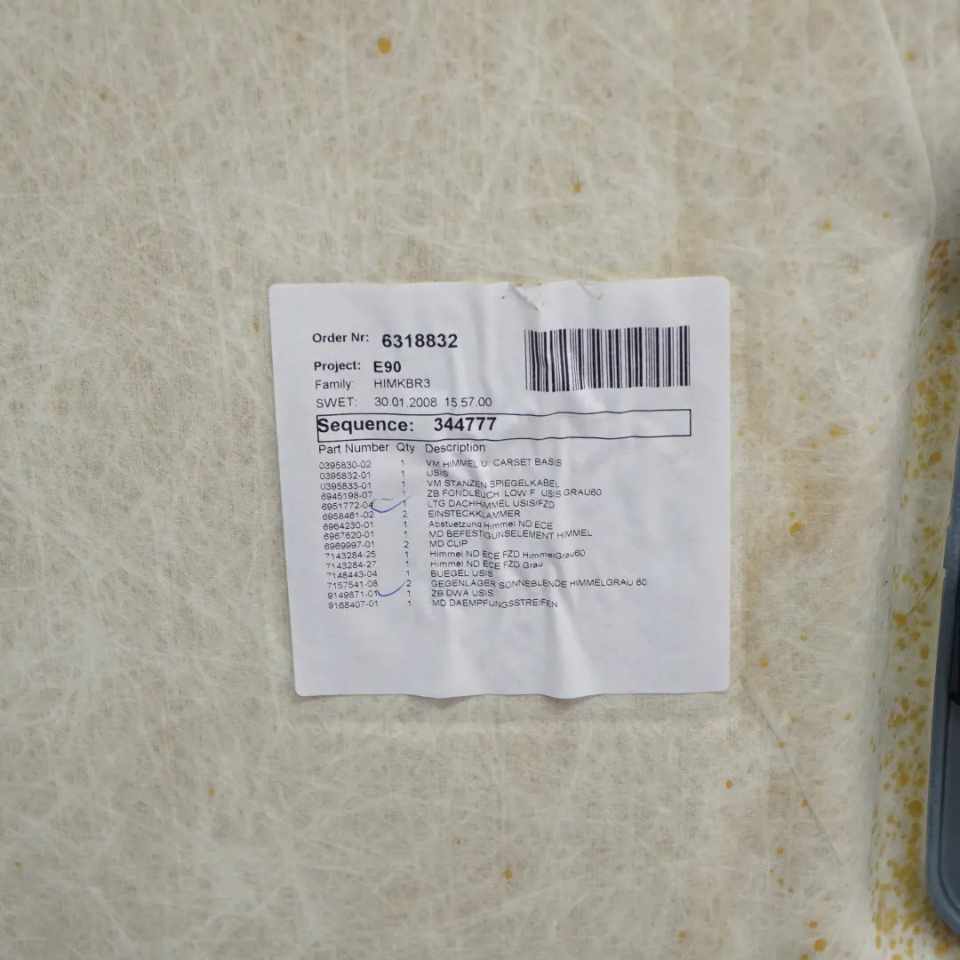 BMW E90 Saloon Headlining Moulded Roof Lining Cover Trim Grey Grau 7143284 - SKU 6960550-1 - Part number 6960550