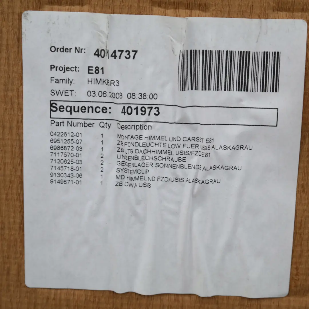 BMW E81 Podsufitka szara - SKU 9136296 - Numer Części 51449136296