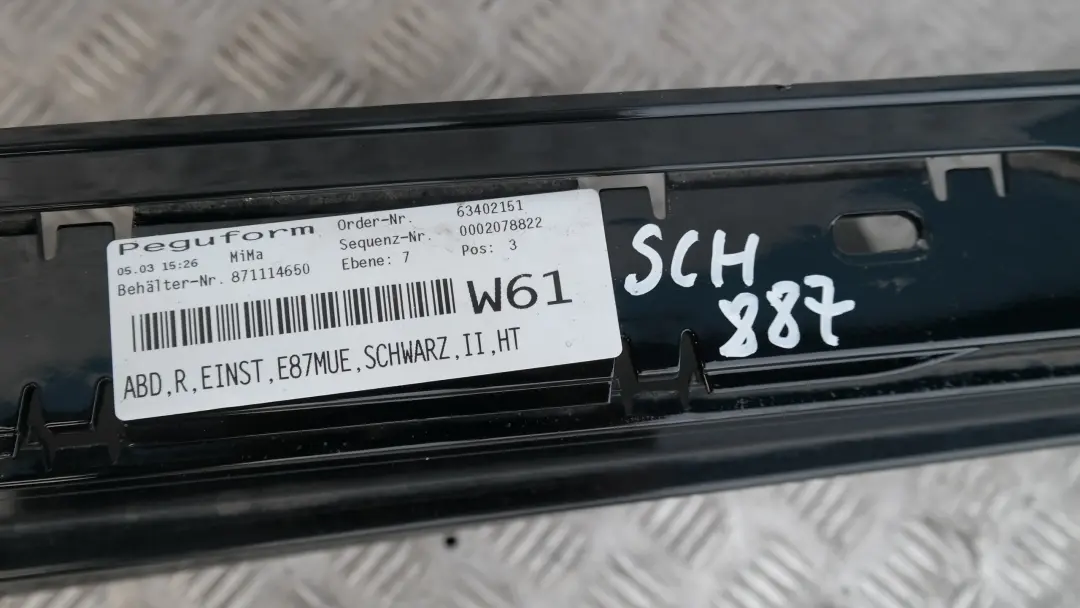 Sill strip side skirt right O/S Schwarz II Black 2 to BMW 1 SERIES 7 E87 LCI E87N with Part number 51770036144 BMW 1 SERIES 7 E87 LCI E87N Sill strip side skirt right O/S Schwarz II Black 2 - SKU 0036144-SCH7 - Part number 51770036144