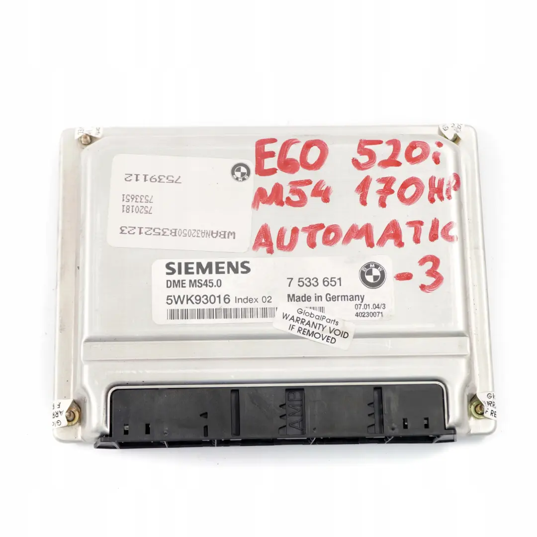 BMW 5 er E60 520i M54 170PS ECU Kit DME Steuergerät + CAS2 Automatik - SKU 7533651-3 - Teilenummer 7533651