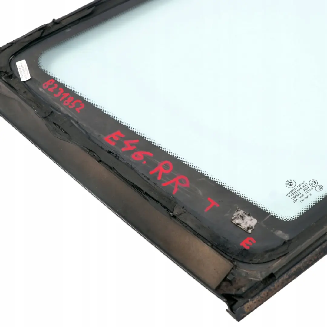 Trasero Derecho Lado Cuarto Ventana Vidrio Verde AS2 para BMW E46 Touring con número de pieza 8231852 BMW E46 Touring Trasero Derecho Lado Cuarto Ventana Vidrio Verde AS2 - SKU 8231852 - Número de pieza 8231852