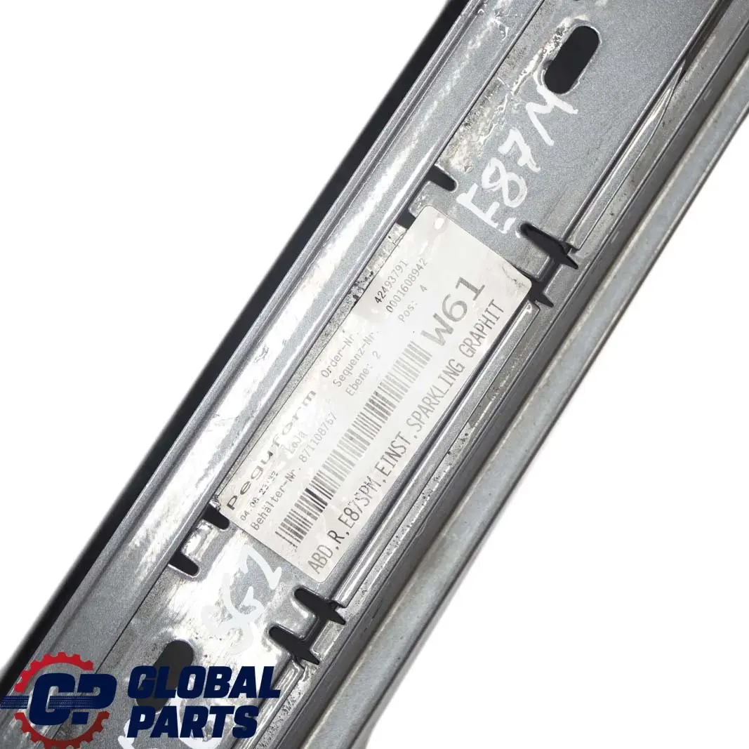 Sill Strip Side Skirt Right O/S Sparkling Graphite A22 to BMW 1 E87 LCI M Sport with Part number 0033556 BMW 1 E87 LCI M Sport Sill Strip Side Skirt Right O/S Sparkling Graphite A22 - SKU 0033556-SG2 - Part number 0033556