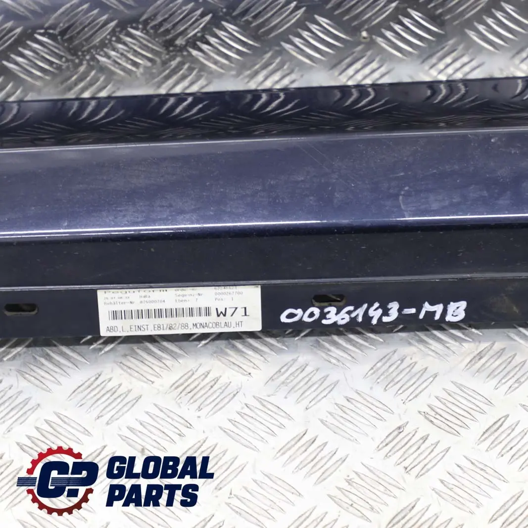 Schwellerleiste Blende Schweller links Monacoblau Blau A35 für BMW 1 er E81 E82 E88 mit Teilenummer 51770036143 BMW 1 er E81 E82 E88 Schwellerleiste Blende Schweller links Monacoblau Blau A35 - SKU 0036143-MB - Teilenummer 51770036143