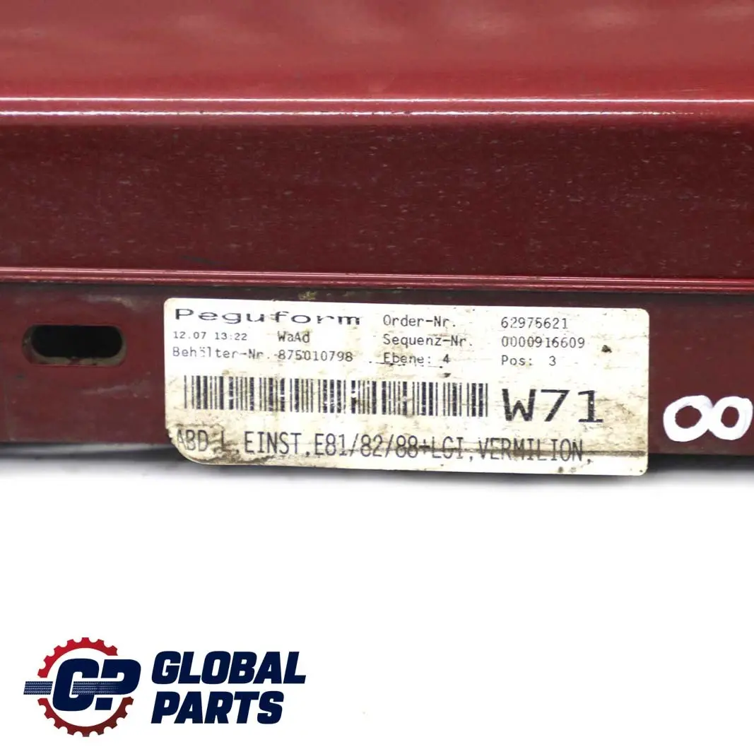 Sill Strip Side Skirt Left N/S Vermilionrot Red Metallic A82 to BMW 1 E81 E82 E88 with Part number 0036143 BMW 1 E81 E82 E88 Sill Strip Side Skirt Left N/S Vermilionrot Red Metallic A82 - SKU 0036143-VER - Part number 0036143