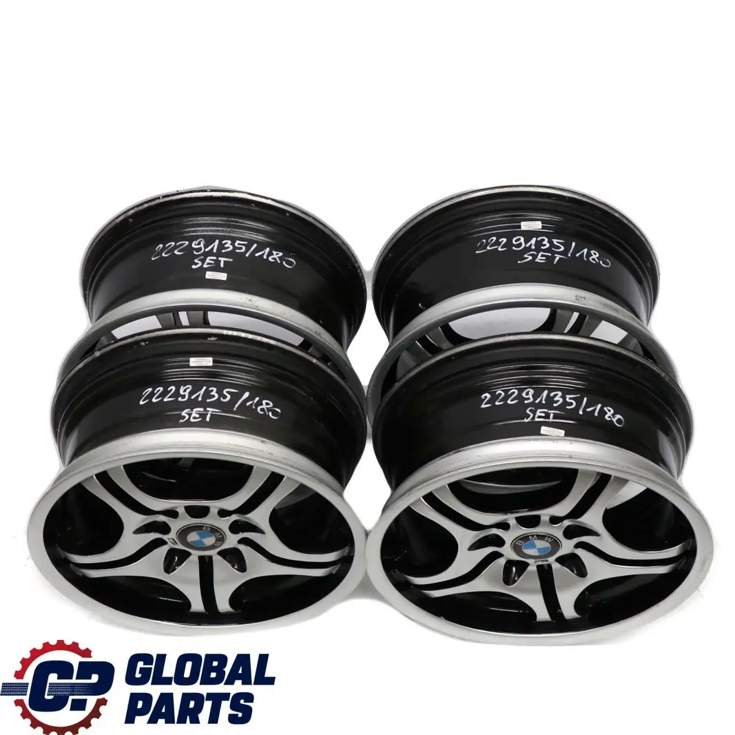 Complete Set 4x Wheel Alloy Rim 17" M Double Spoke 68 7,5J / 8,5J to BMW 3 E46 with Part number 2229135/2229180 BMW 3 E46 Complete Set 4x Wheel Alloy Rim 17" M Double Spoke 68 7,5J / 8,5J - SKU 2229135/2229180 SET - Part number 2229135/2229180