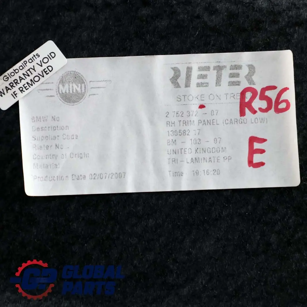 Cubremaletero Panel Derecho para Mini Cooper One R56 R56 LCI con número de pieza 2752372 Mini Cooper One R56 R56 LCI Cubremaletero Panel Derecho - SKU 2752372 - Número de pieza 2752372