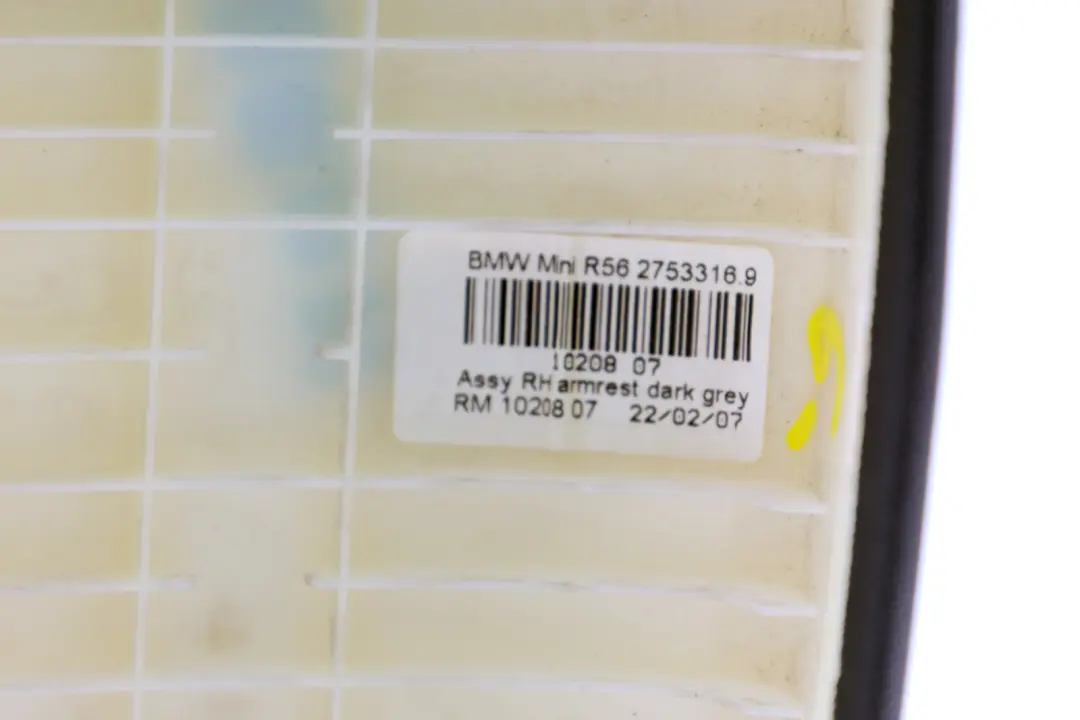 Armrest Door Trim Panel Front Right O/S Dark Grey 2752474 to BMW Mini 9 R55 R56 with Part number 2753316 BMW Mini 9 R55 R56 Armrest Door Trim Panel Front Right O/S Dark Grey 2752474 - SKU 2753316-9 - Part number 2753316