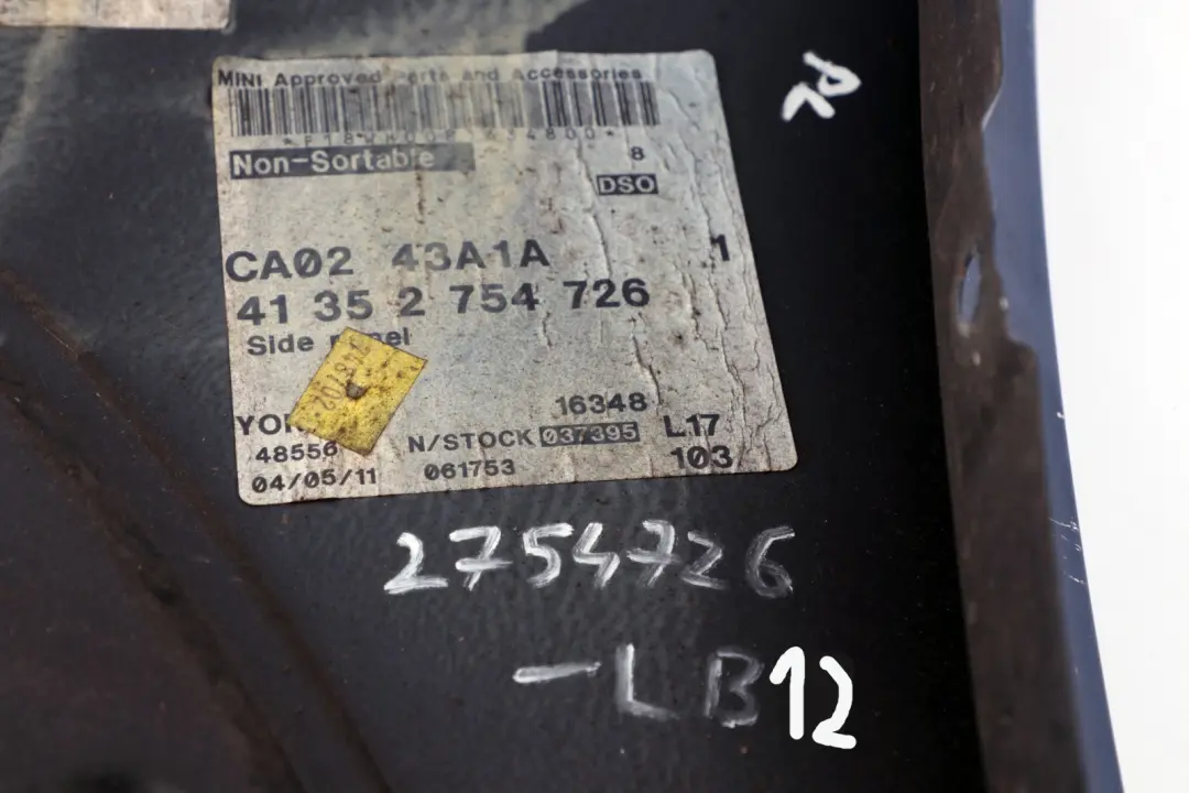 Mini R55 R56 R57 R58 R59 Panneau Laterale Avant Droite Garde-Boue Allumage - SKU 2754726-LB12 - Numéro de pièce 2754726