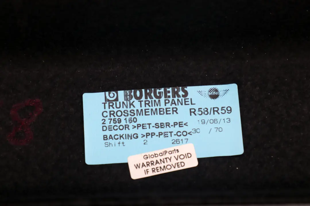 BMW Mini Cooper R58 R59 Trim Panel Cross Member Trunk Lid - SKU 2759150 - Part number 7261967