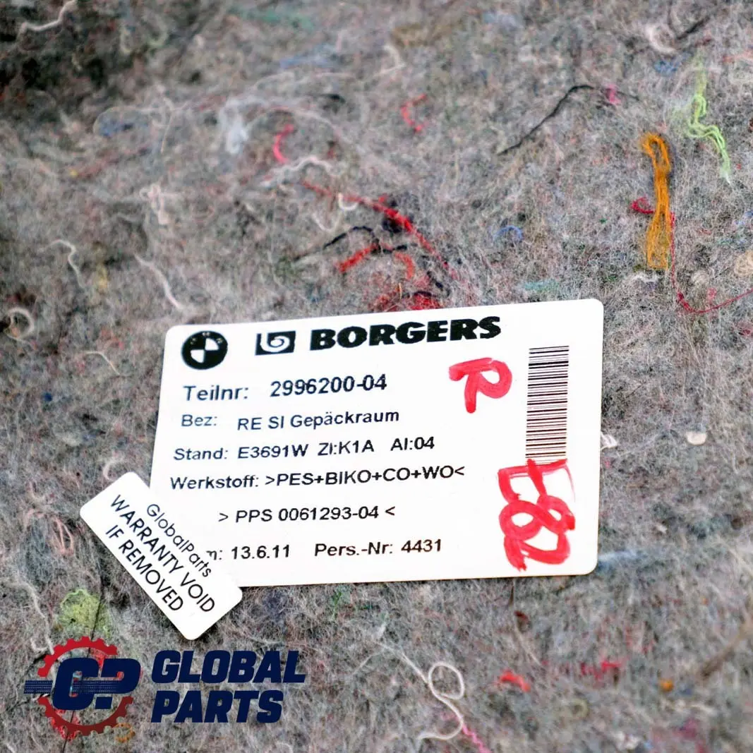 Aislamiento Acustico Alfombra Maletero Trasero Derecho para BMW E82 con número de pieza 2996200 BMW E82 Aislamiento Acustico Alfombra Maletero Trasero Derecho - SKU 2996200 - Número de pieza 2996200