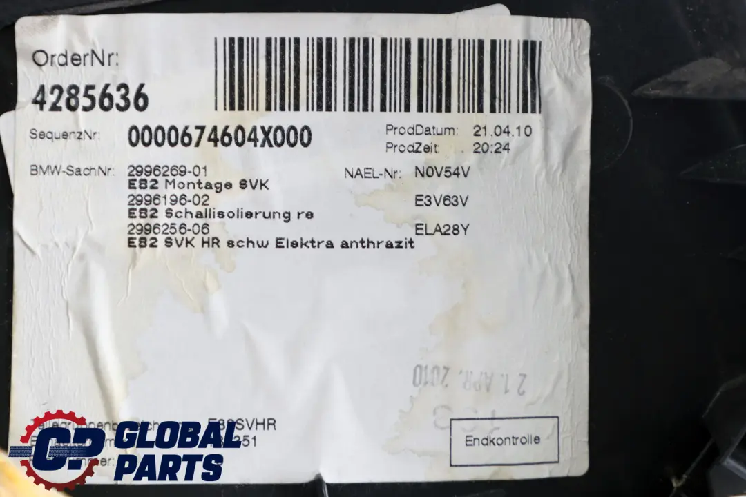 BMW E82 Trasero Derecho Lateral Embellecedor Tela Elektra Antracita - SKU 2996256 - Número de pieza 2996256